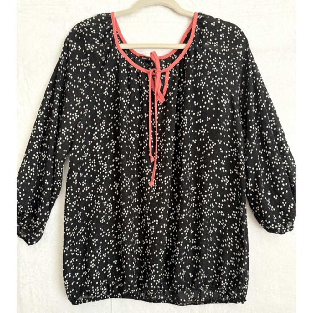 Sami & Jo Black White Polka Dot Salmon Tie Neck Bishop Sleeve Blouse XL‎